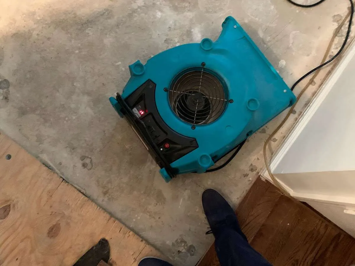 Air mover drying subfloor during Commercial Water Damage Restoration in Cordele